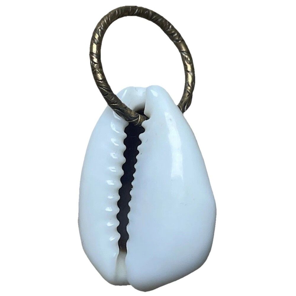 Natural Cowrie Shell Pendant Brass Textured Jump Ring Purple Wampum Coastal Boho